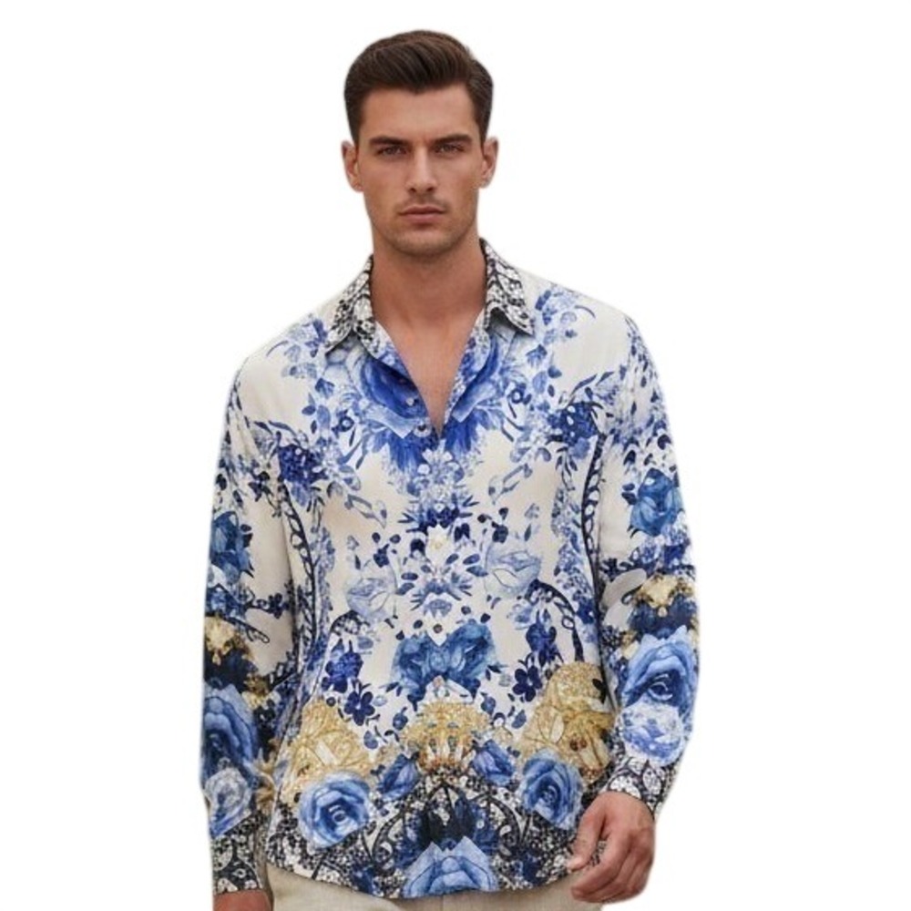 Camilla 100% Silk Hotel Franks Men size XXL Button Floral Luxury Oversized Shirt